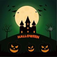 Halloween Pumpkin Head with Full Moon, Bats and Dark Castle vector