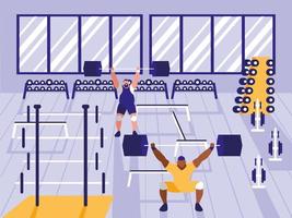 men lifting weights in sport gym vector