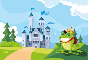frog prince with castle fairytale in mountainous landscape vector