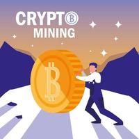 worker crypto mining bitcoins vector