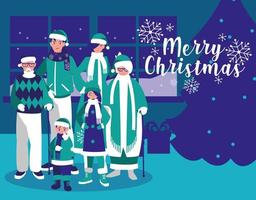 group of family with clothes christmas in house vector