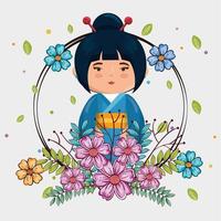 kawaii japanese girl with flowers vector