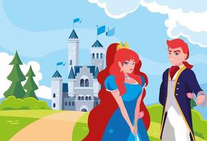 princesa y príncipe con castillo de cuento de hadas en el paisaje