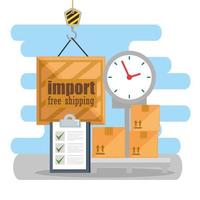 logistic service design with scale, boxes, clipboard and clock vector