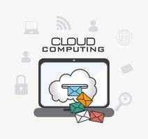 Diseño de computación en la nube con laptop e íconos vector