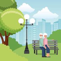 Senior couple in park on bench vector