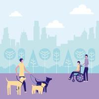 Volunteer dog walker and person helping person in wheelchair  vector