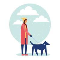 Mujer paseando perro nieve vector