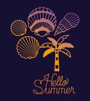 Neon Hello Summer Design con conchas vector