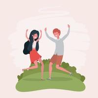 young couple jumping celebrating in the park characters vector