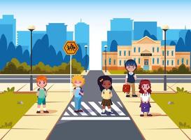 little students front of school building vector