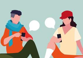 young men sitting using smartphones with speech bubbles vector