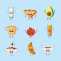 set happy and delicious breakfast food with arms and legs vector