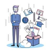 man with book, graduation cap and other education items coming out of a box vector