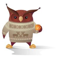 brown owl character in warm sweater with cup of tea vector