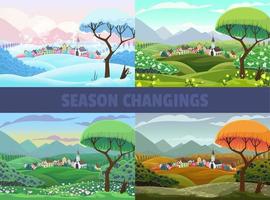 Four seasons of village view vector