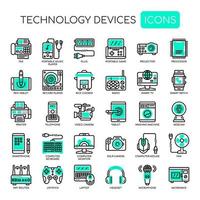 Conjunto de iconos perfectos de línea fina y píxeles de dispositivos de tecnología para cualquier proyecto web y de aplicación. vector