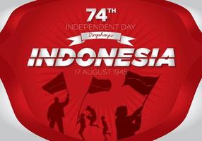 74a imagen del Día de la Independencia de Indonesia con siluetas de personas y banderas vector