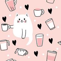 Cartoon cute cat drinking coffee seamless pattern vector