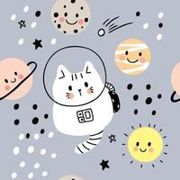 Cartoon cute cat in galaxy and planets seamless pattern 
