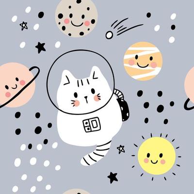 Cartoon cute cat in galaxy and planets seamless pattern 