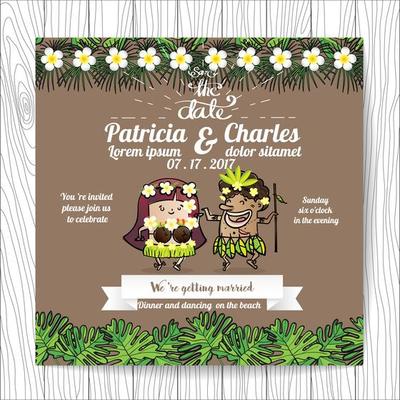 Wedding invitation with tropical Cartoon Bride and Groom Bride