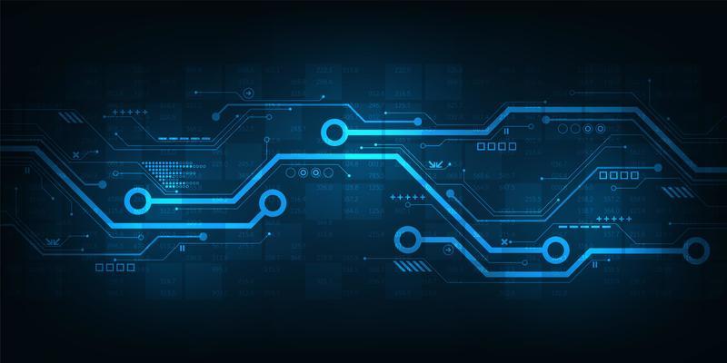 Digital circuit design on a dark blue background