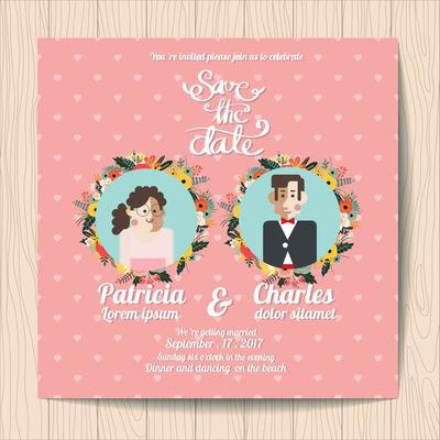 Wedding invitation with Cartoon Bride and flower blossoms on pink background