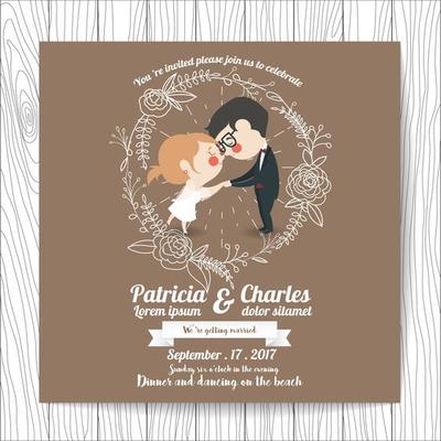 Wedding invitation with Cartoon Bride and Groom holding hands