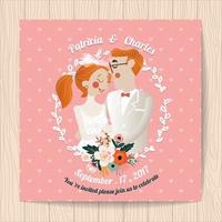 Wedding invitation with flowers and cartoon bride and groom vector