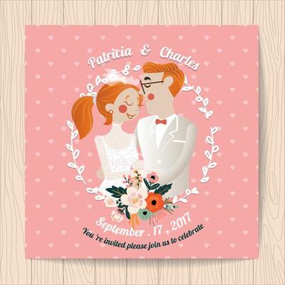 Wedding invitation with flowers and cartoon bride and groom