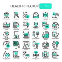 Conjunto de iconos perfectos de píxeles y líneas finas de Health Checkup para cualquier proyecto web y de aplicación. vector