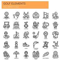 Elementos de golf, iconos de líneas finas y píxeles perfectos vector