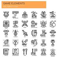 Elementos del juego, iconos de líneas finas y píxeles perfectos vector