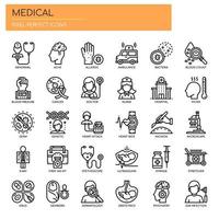 Elementos médicos, iconos de líneas finas y píxeles perfectos vector