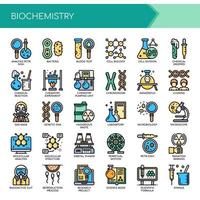 Elementos de bioquímica, línea fina e iconos perfectos de píxeles vector