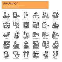 Elementos de farmacia, línea delgada y píxeles iconos perfectos vector