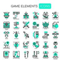 Elementos del juego, iconos de líneas finas y píxeles perfectos vector