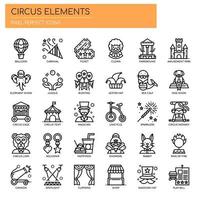 Elementos de circo, línea fina y píxeles iconos perfectos vector