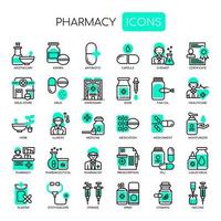 Elementos de farmacia, línea delgada y píxeles iconos perfectos vector