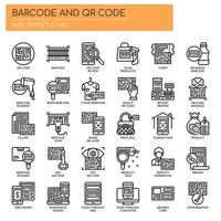 Iconos de códigos de barras y códigos QR, líneas finas y píxeles perfectos vector