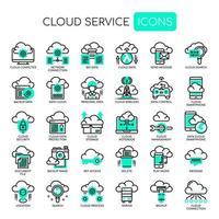 Servicio en la nube, iconos de líneas finas y píxeles perfectos vector