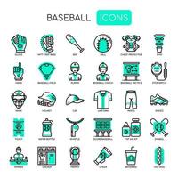 Elementos de béisbol, iconos de líneas finas y píxeles perfectos vector