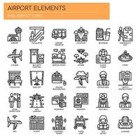 Elementos del aeropuerto, iconos de líneas finas y píxeles perfectos vector