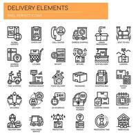 Elementos de entrega, línea fina e iconos perfectos de píxeles vector