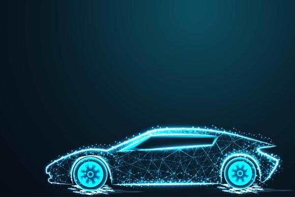 Sport car wire model with blue neon on dark background 