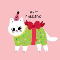 Cartoon cute Christmas  cat and gift 