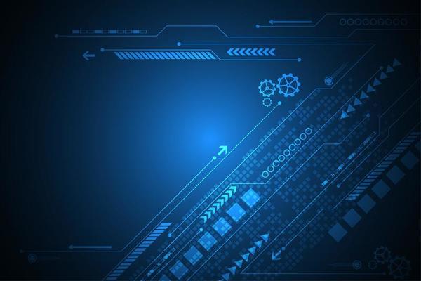 Glowing blue abstract diagonal lines and gears