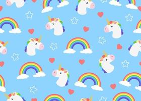 Seamless pattern of cartoon unicorn with clouds and rainbow vector