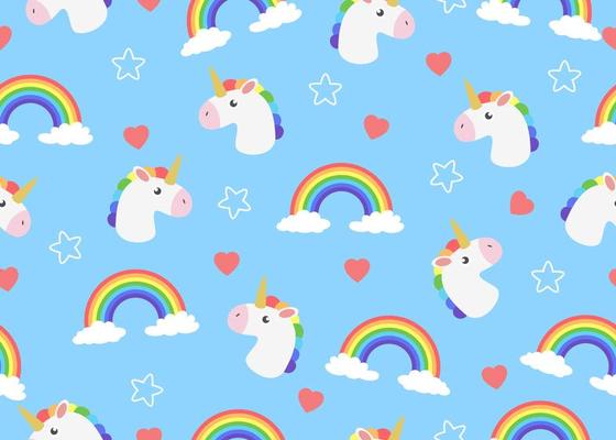 Seamless pattern of cartoon unicorn with clouds and rainbow